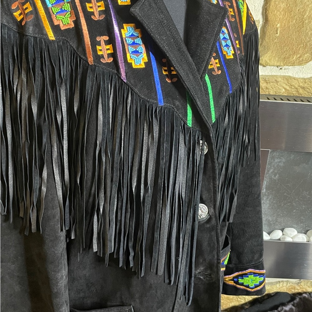 Black Leather Jacket with Fringe and Colorful Trim